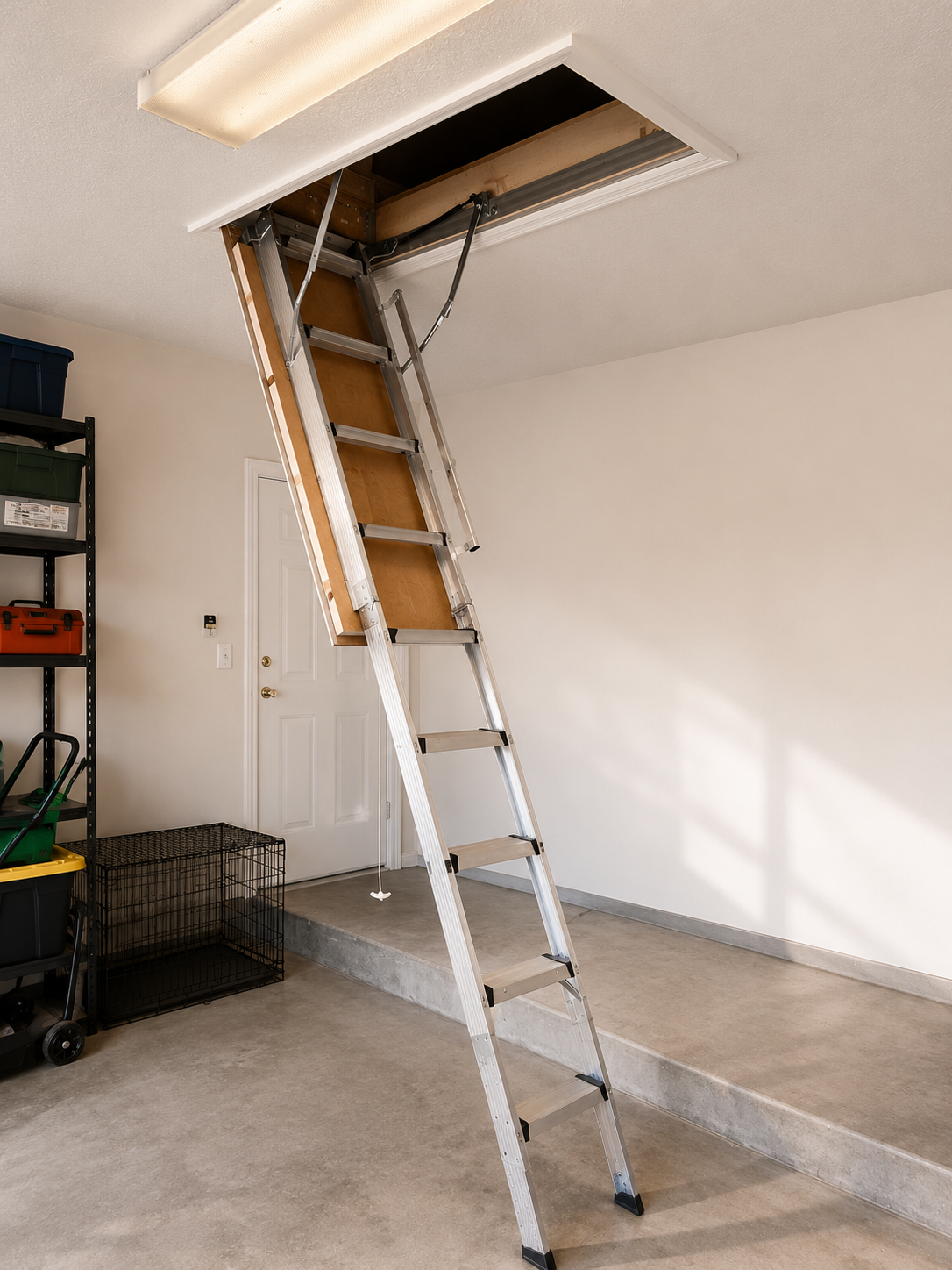 Finished aluminum attic ladder installed in a home garage
