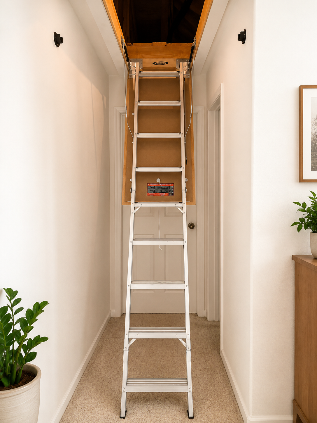 Finished aluminum attic ladder installed in a hallway