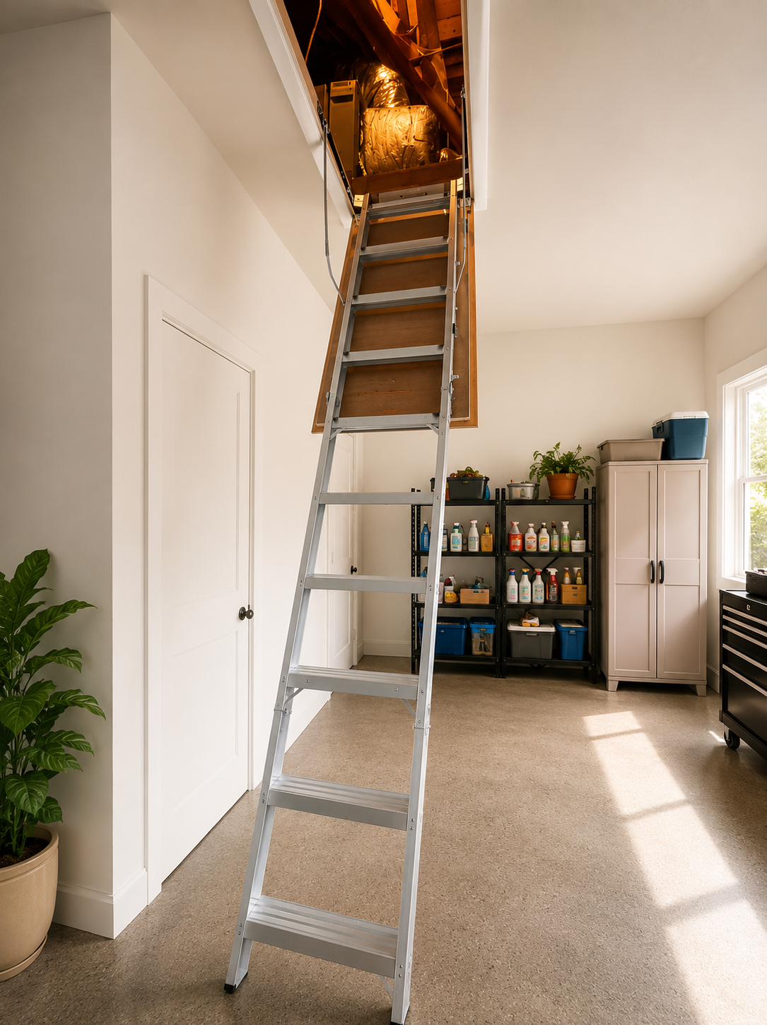 Finished aluminum attic ladder installed in a storage room