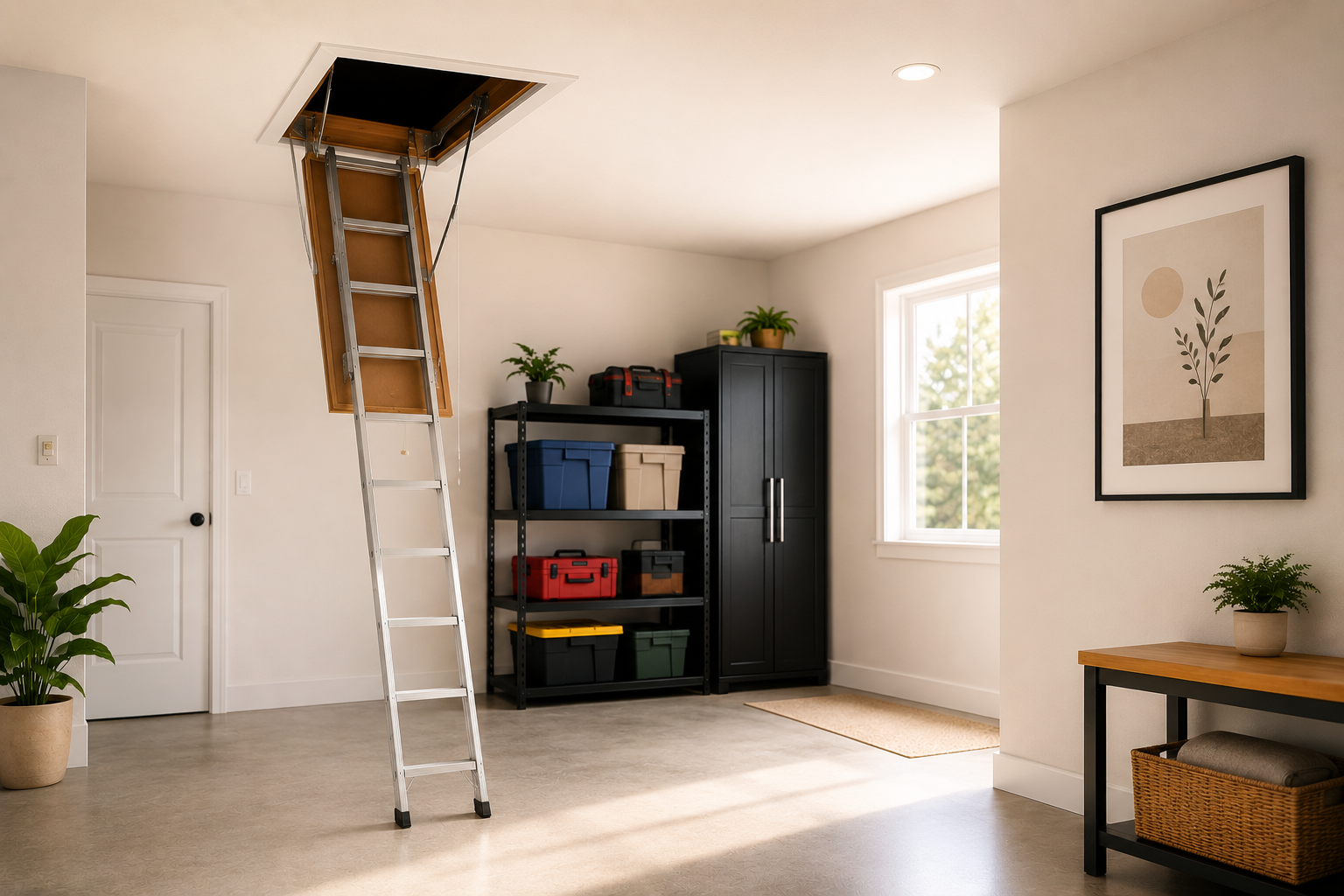 Finished aluminum attic ladder installed in a home garage